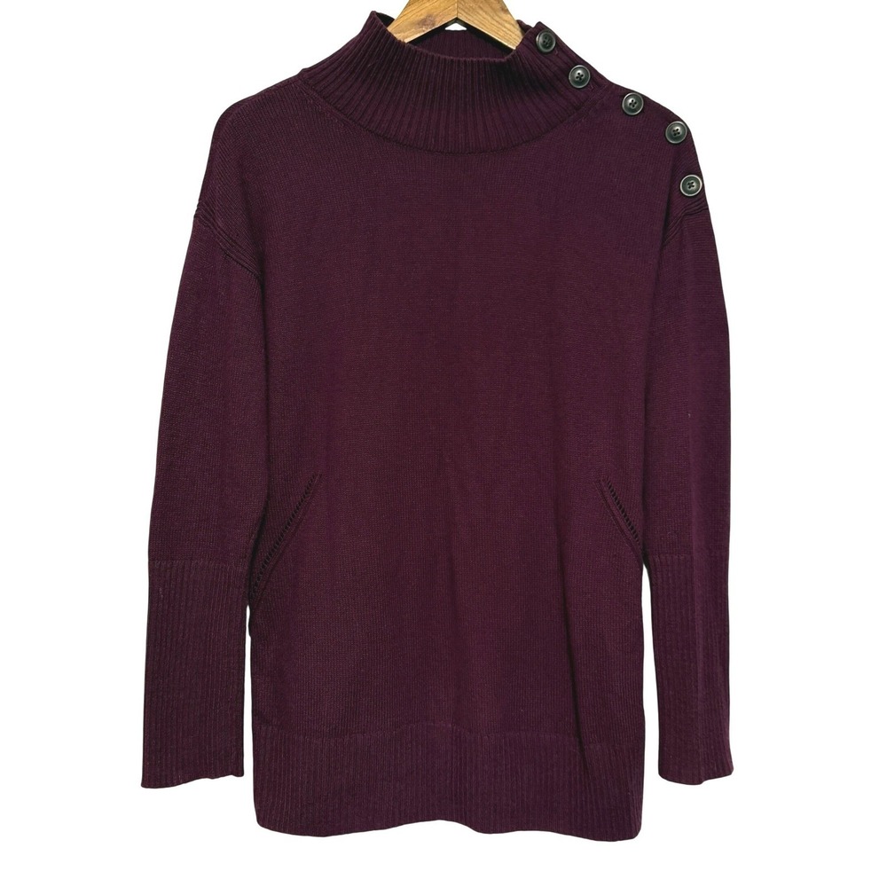Talbots Sweater Womens M Plum Purple Mock Neck Button Shoulder Cotton Wool Blend